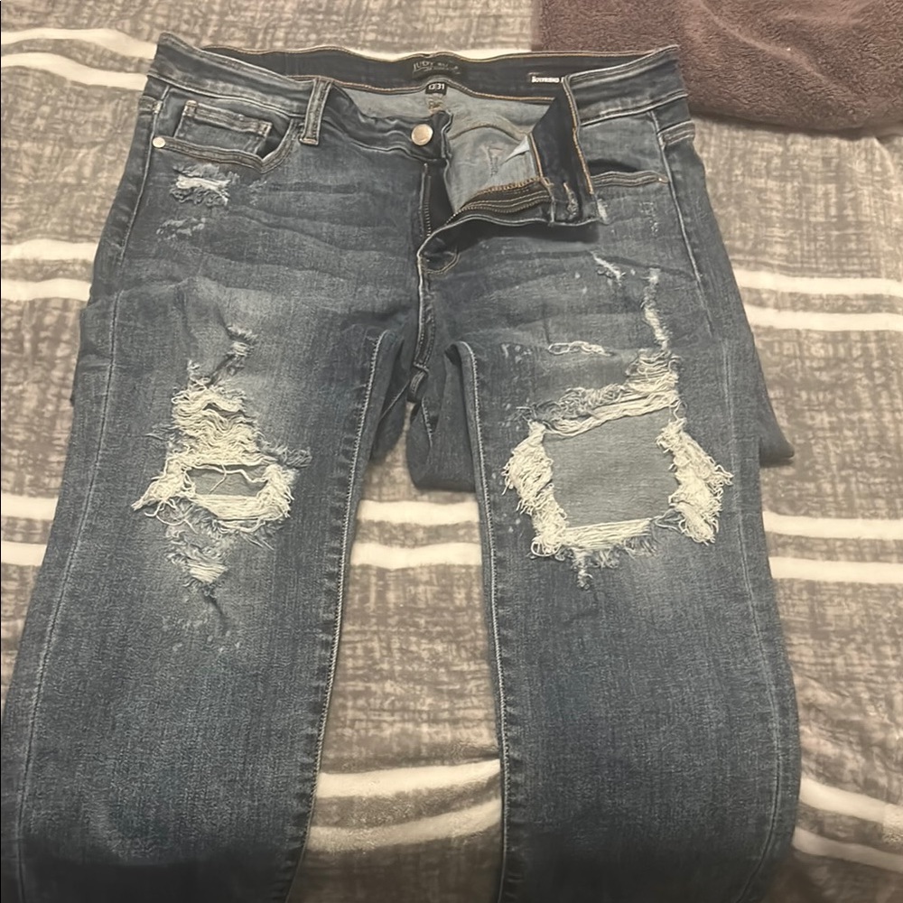 Judy Blue Distressed Boyfriend Jeans - Dark Blue